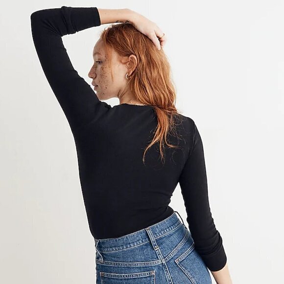 Madewell Long Sleeves Fitted Wrap Thong Bodysuit Black Size XS NWT - Picture 2 of 8